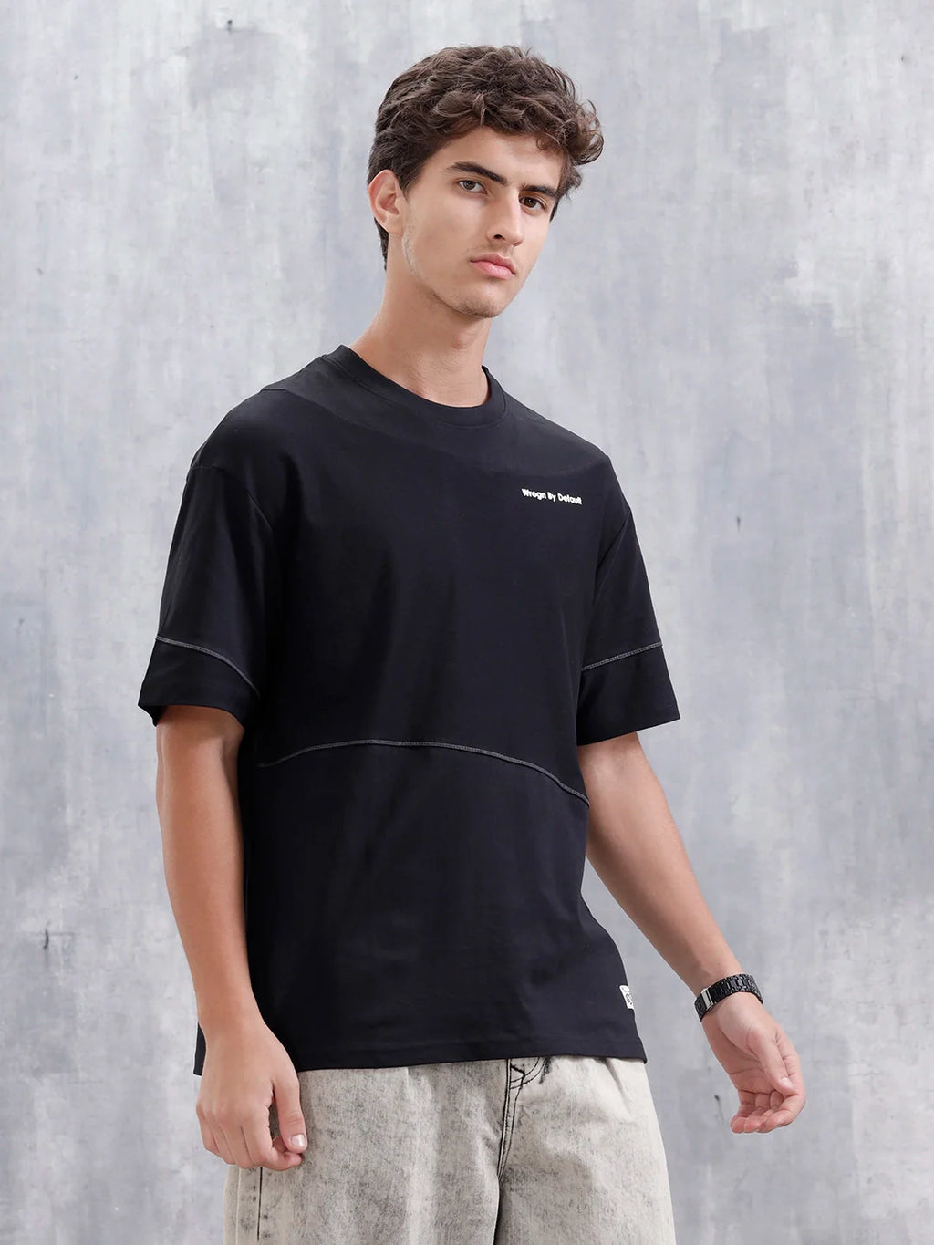 Casual Men Oversized Fit Tee With Flat Lock Detail | Black
