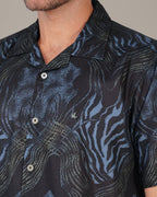 Navy Blue Abstract Print Polyester Poplin Short Sleeve Shirt