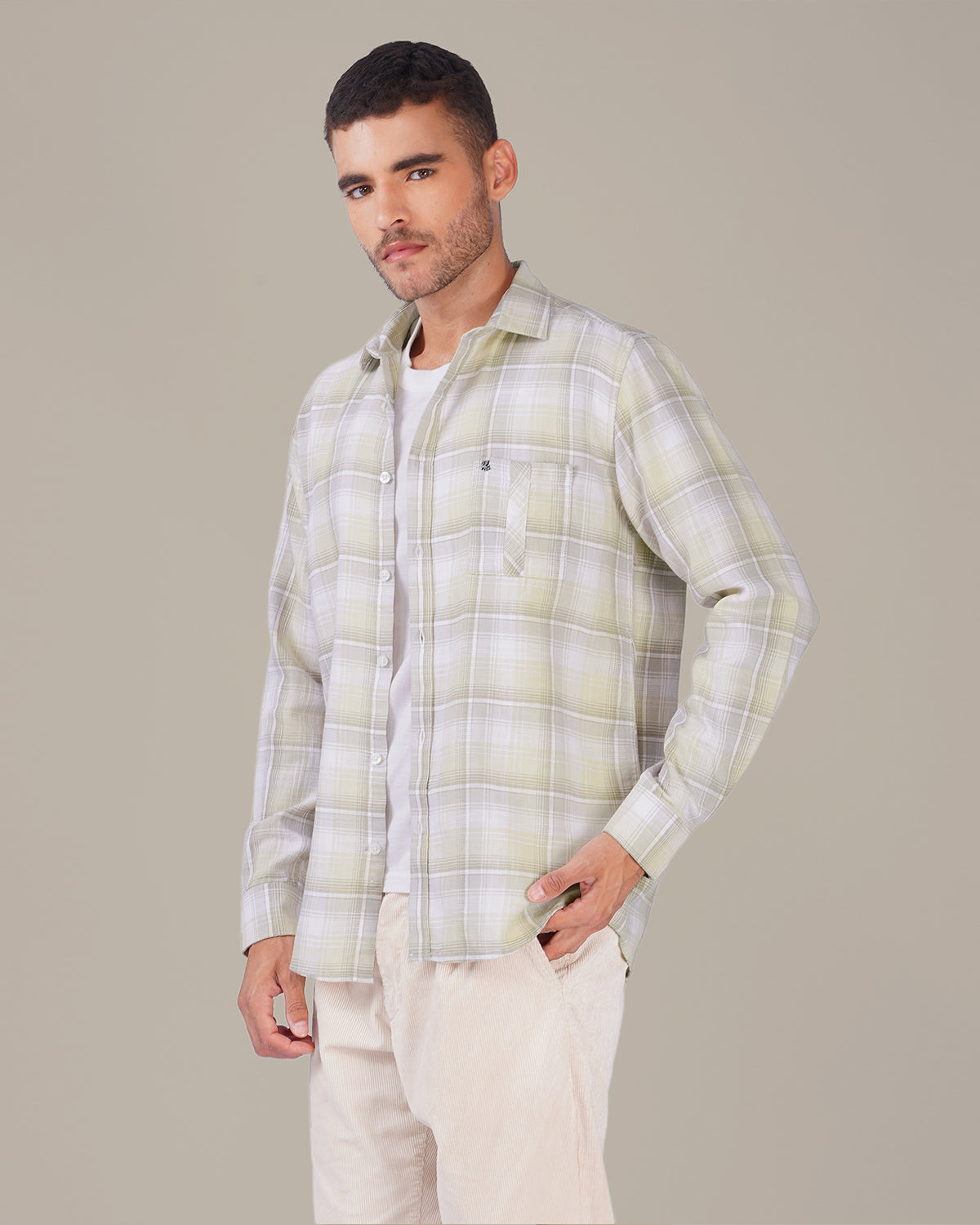 Beige Plaid 100% Cotton Dobby Weave Shirt