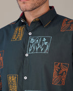 Dark Green Floral Print Cotton-Rich Slub Weave Shirt