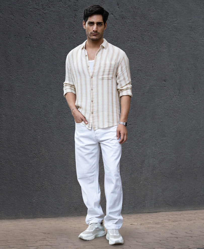 Cream & Beige Structured Stripe Shirt 100% Cotton
