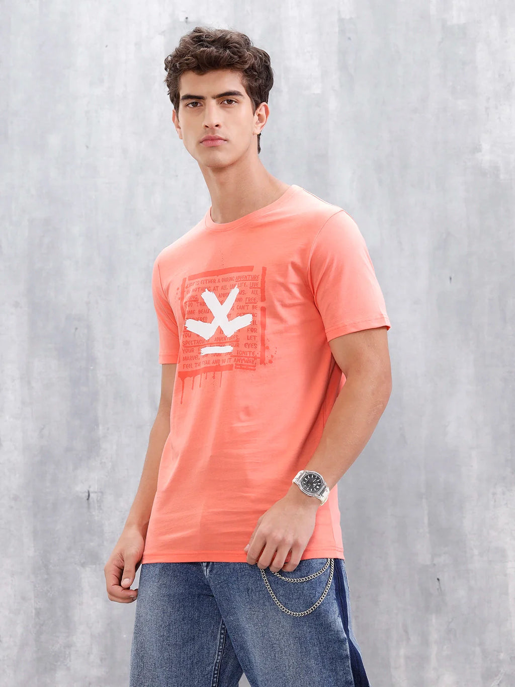 Casual Men Regular Fit Tee With Graphic | Peach