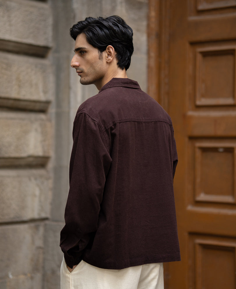 Dark Brown Washed Zipper Shirt 100% Cotton