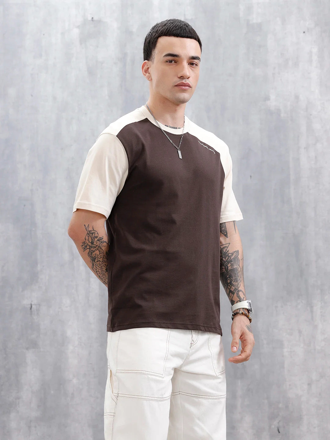 Wrogn Men's Casual Colorblocked T-Shirt  | Brown