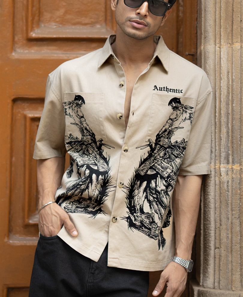 Beige Cowboy Print Boxy Shirt 100% Cotton