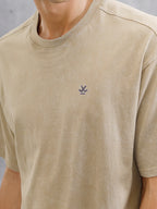 Washed Printed Oversized Fit Pure Cotton T-Shirt | Khaki