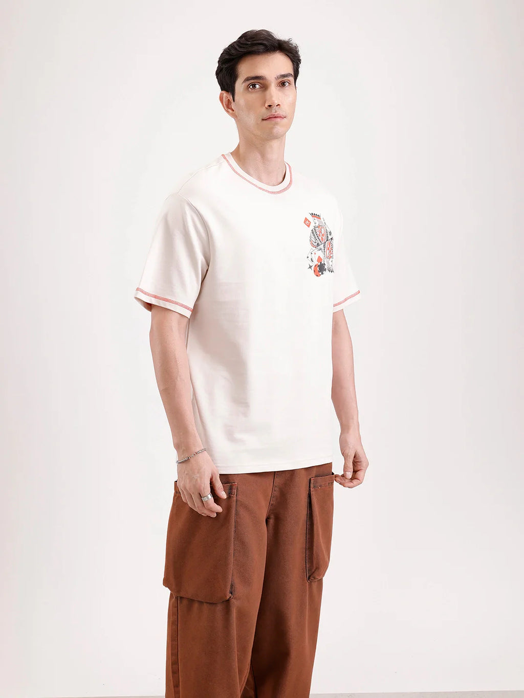 Placement Printed Oversized T-Shirt   |  Beige