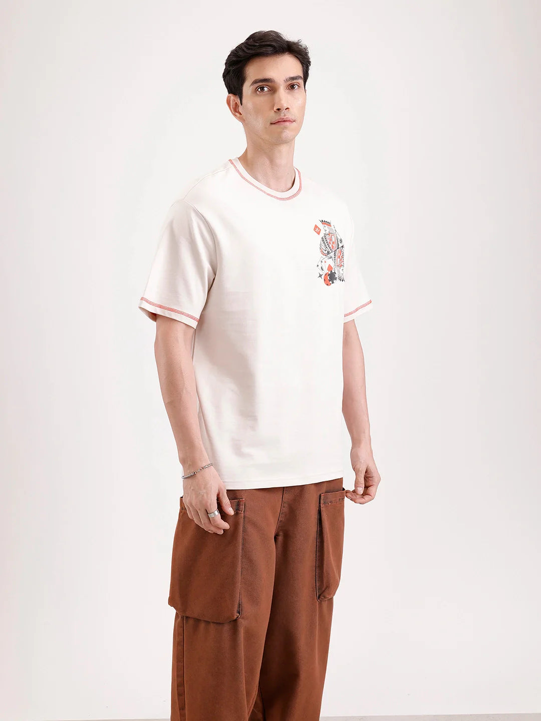 Placement Printed Oversized T-Shirt   |  Beige