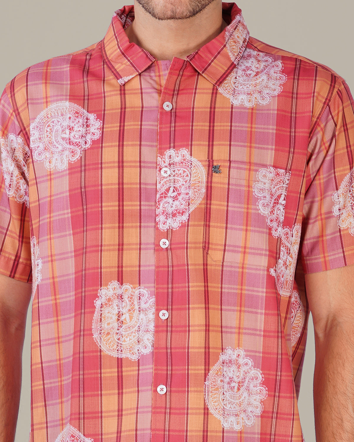 Peach Plaid Polyester Short Sleeve Shirt
