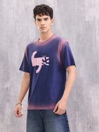 Spray Washed Effect Graphic Printed Oversized Fit T-shirt | Blue