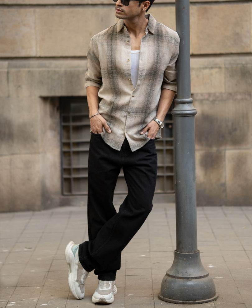 Beige Structured Checked Shirt 100% Cotton