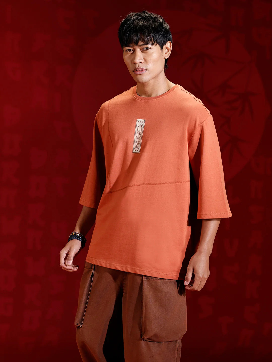 Men’s oversized 3/4 sleeve T-shirt with chest print & tonal stich detail | Rust