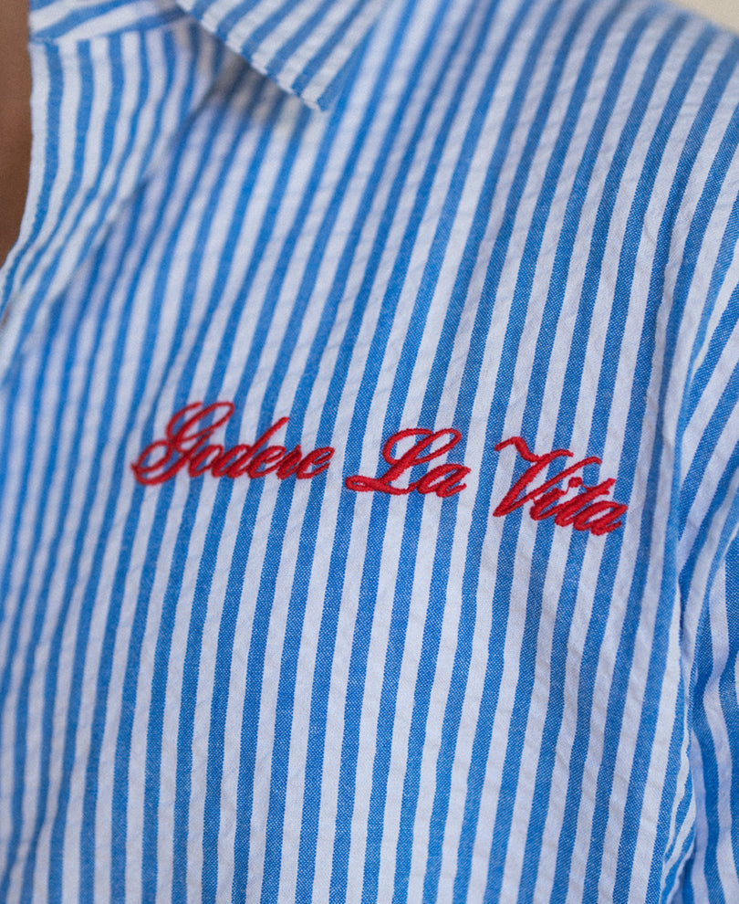 Blue Seersucker Embroidery Stripe Shirt 100% Cotton