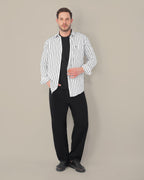 White and Black Striped Viscose-Nylon Blend Button-Up Shirt