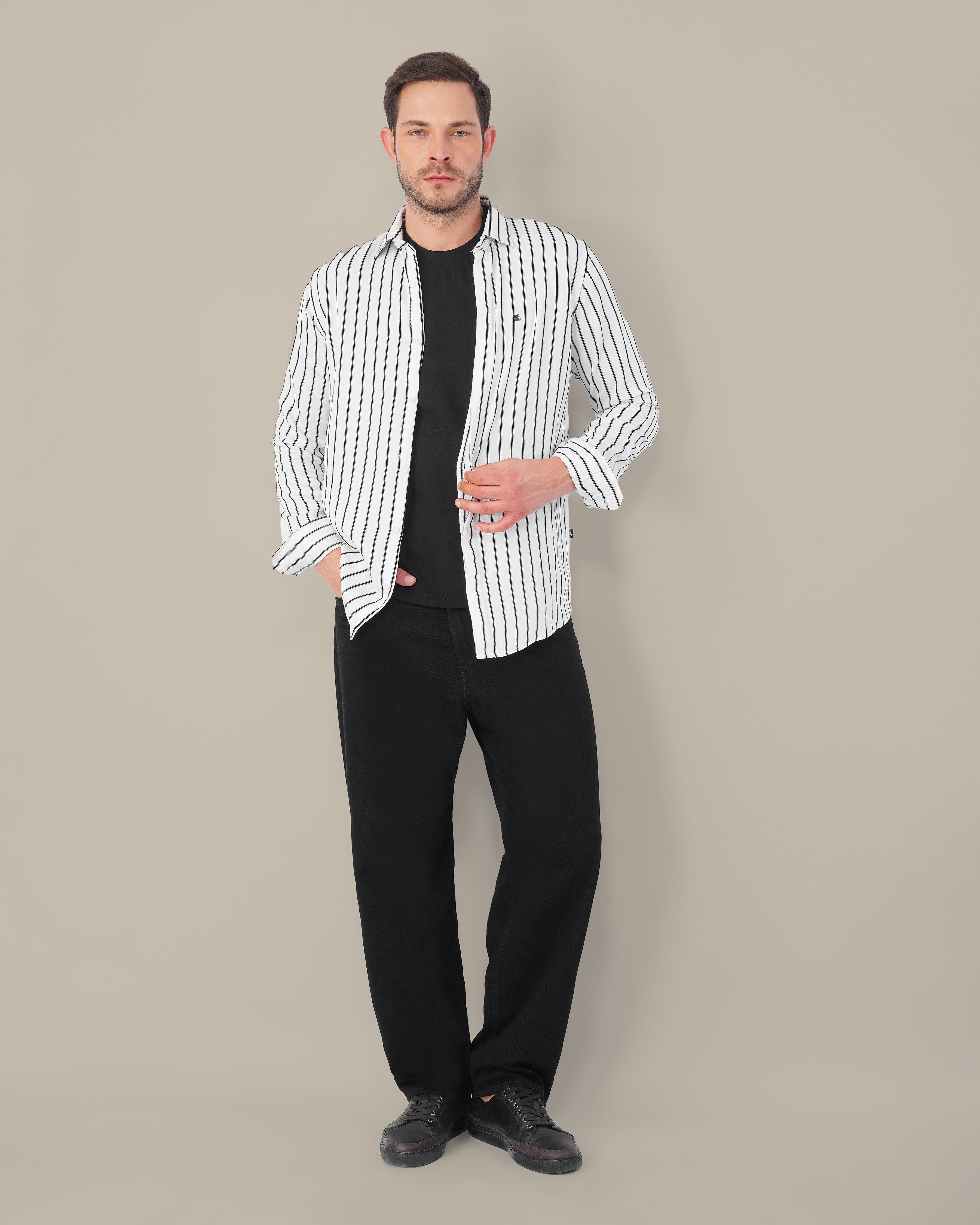 White and Black Striped Viscose-Nylon Blend Button-Up Shirt