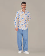 White Multi-Color Slub Print Poly/Linen Blend Shirt