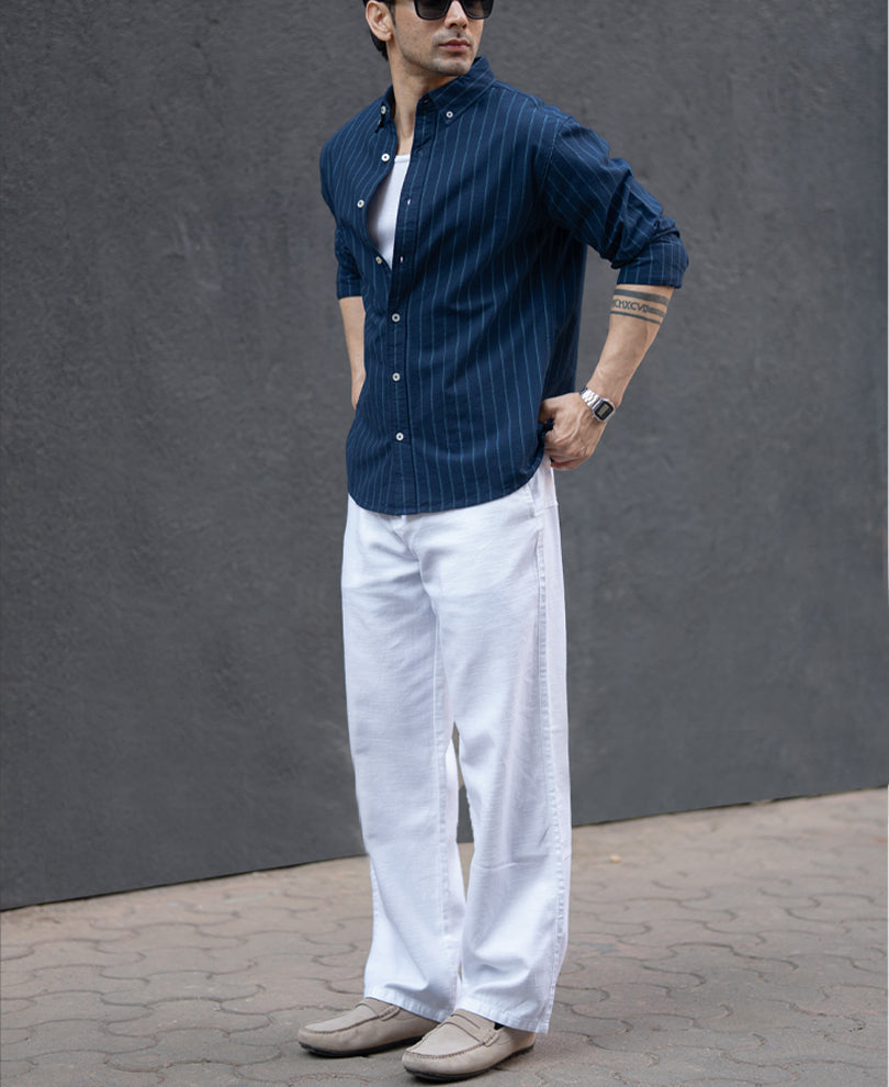 Navy Oxford Stripe Shirt 100% Cotton