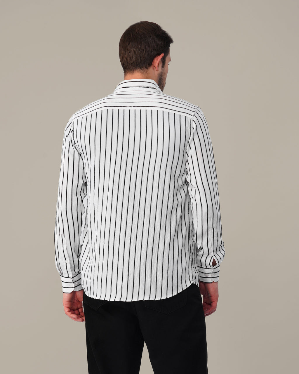 White and Black Striped Viscose-Nylon Blend Button-Up Shirt