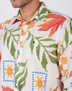 Natural Slub Floral Print Poly-Linen Blend Shirt