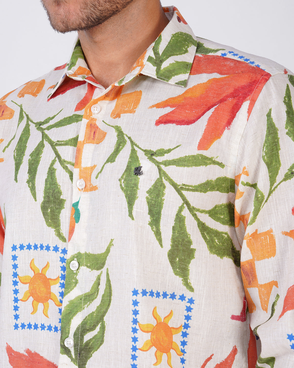 Natural Slub Floral Print Poly-Linen Blend Shirt