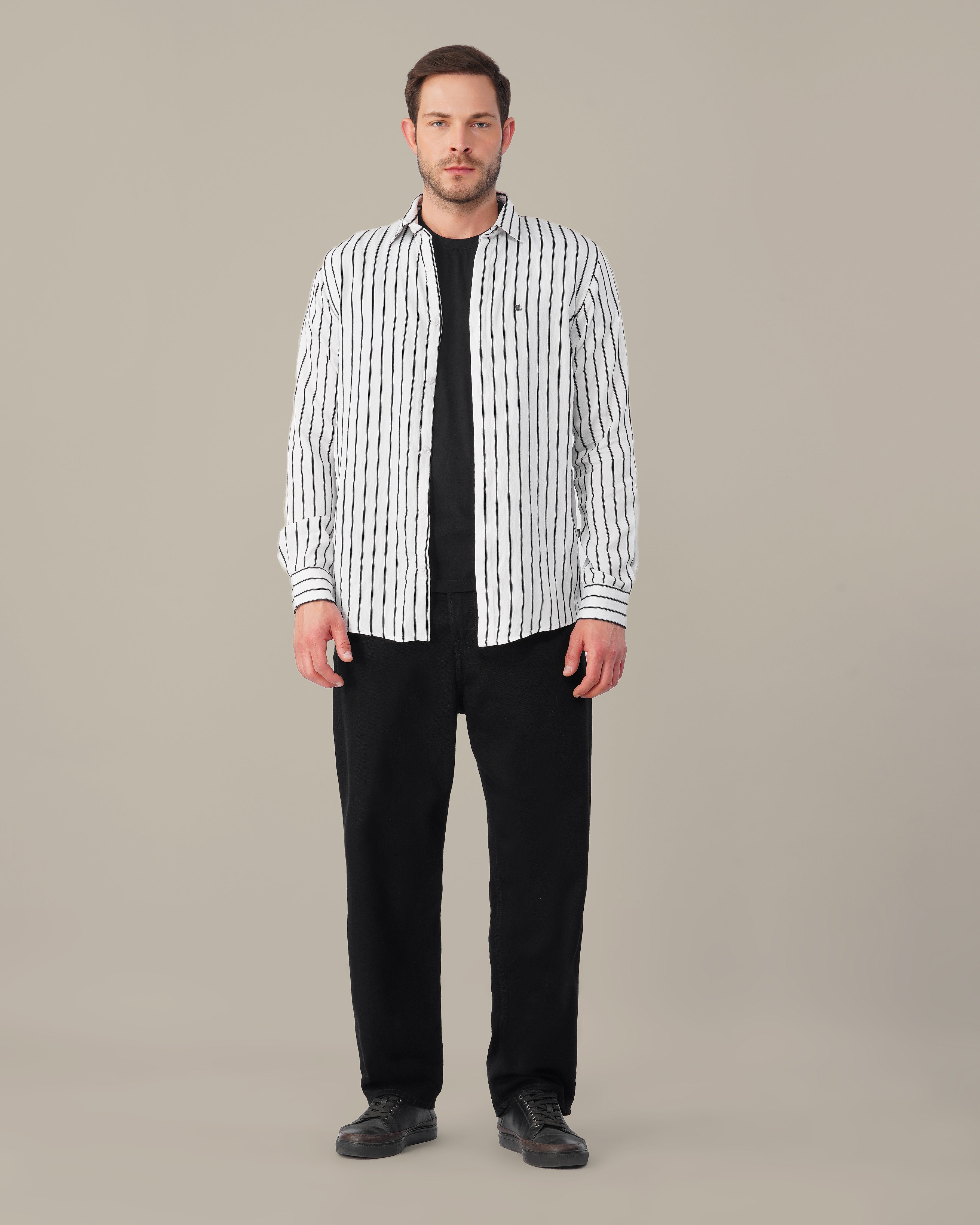 White and Black Striped Viscose-Nylon Blend Button-Up Shirt