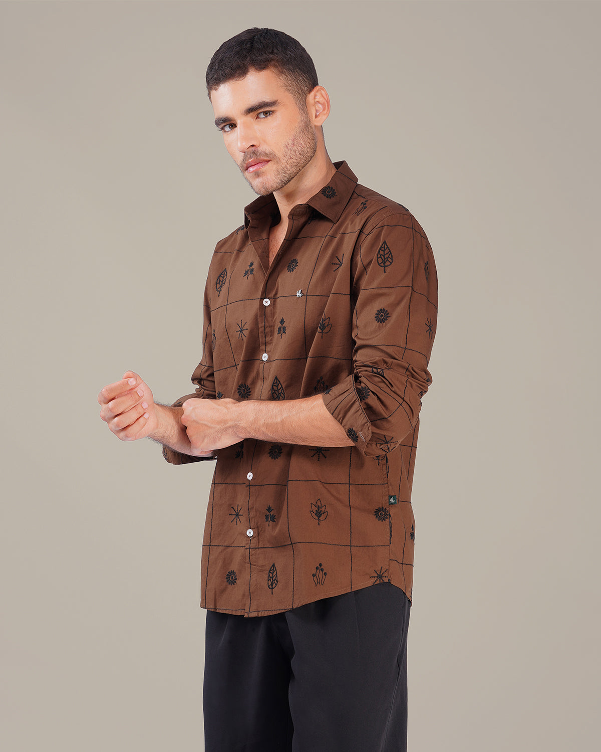 Brown Checkered Cotton-rich Linen-style Shirt