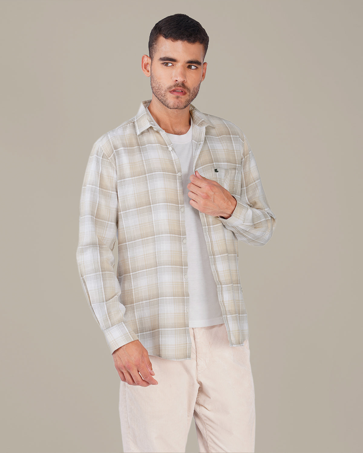 Beige Plaid 100% Cotton Dobby Weave Shirt