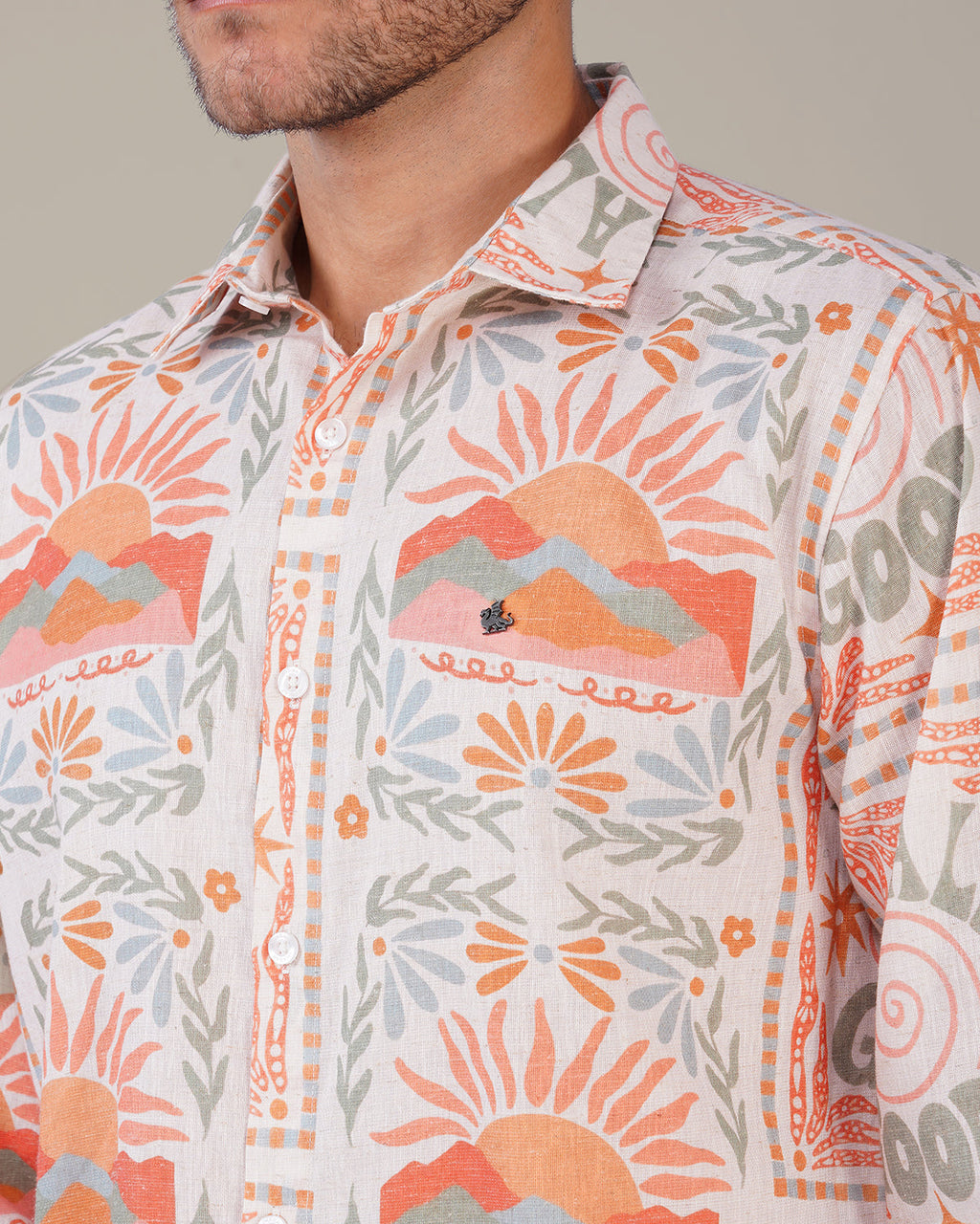 Natural Slub Print Cotton-Blend Button-Up Shirt