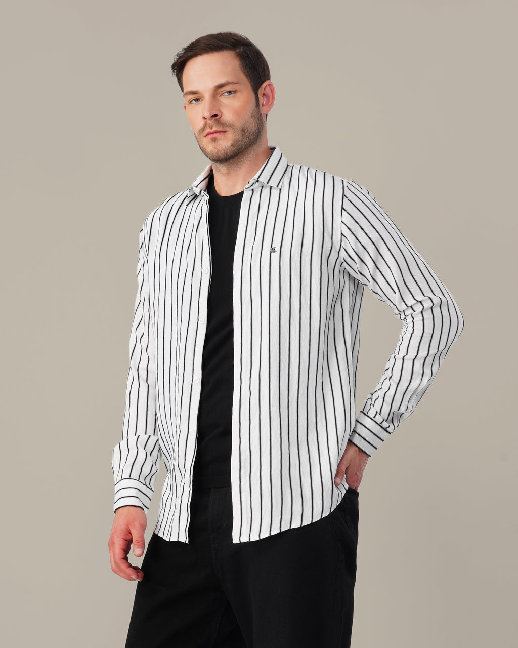White and Black Striped Viscose-Nylon Blend Button-Up Shirt
