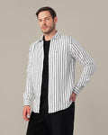 White and Black Striped Viscose-Nylon Blend Button-Up Shirt