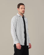 White and Black Striped Viscose-Nylon Blend Button-Up Shirt