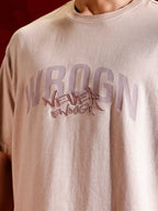 Casual oversized T-shirt with statement chest print & Embroidery | Brown