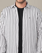White and Black Striped Viscose-Nylon Blend Button-Up Shirt