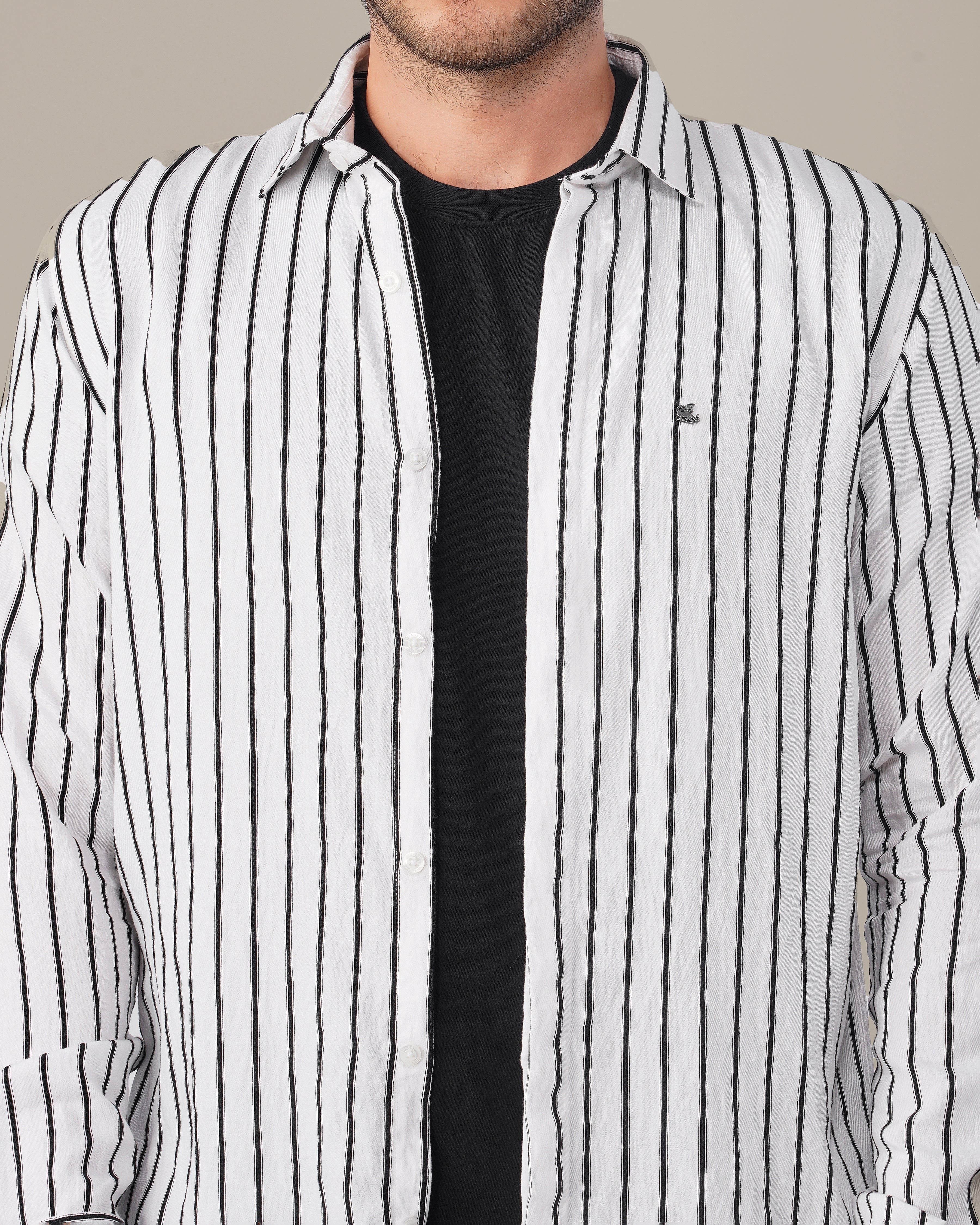 White and Black Striped Viscose-Nylon Blend Button-Up Shirt