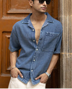 Dark Blue Washed Boxy Denim Shirt
