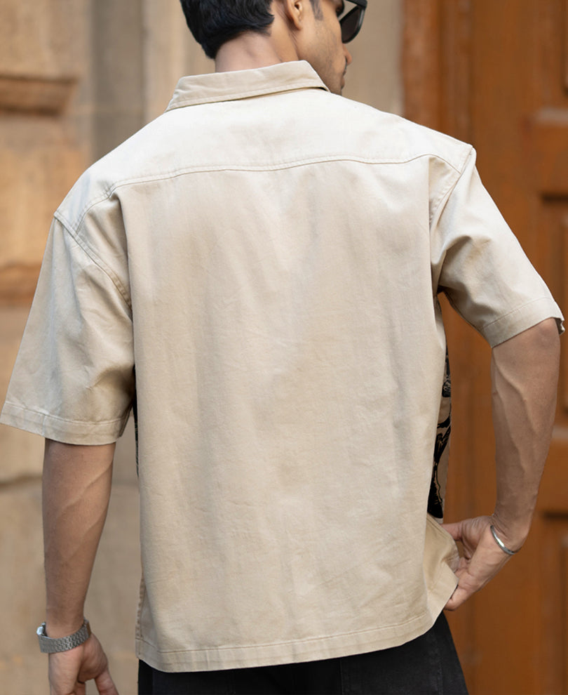 Beige Cowboy Print Boxy Shirt 100% Cotton