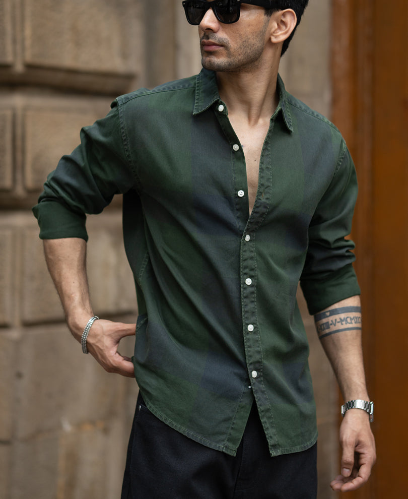 Olive Overdyed Checks Shirt 100% Cotton