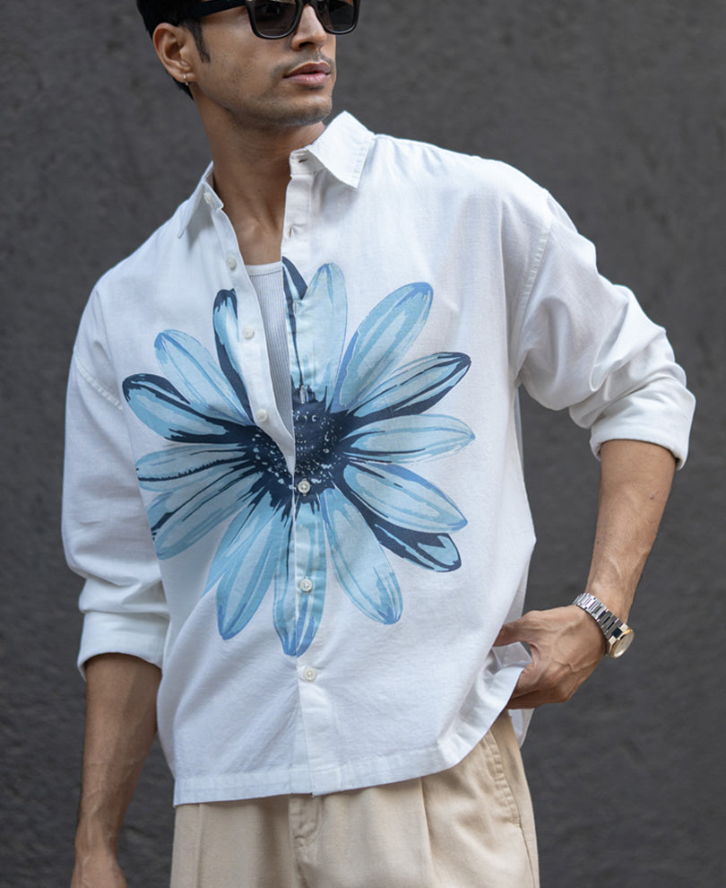White Printed Boxy Lightweight Shirt 100% Cotton