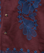 Wine Embroidered Linen Blend Shirt