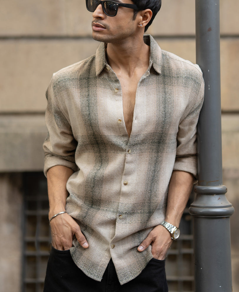 Beige Structured Checked Shirt 100% Cotton