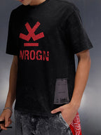 Acid Wash Crew Neck Tee With Chest Logo & Patch Graphic | Black