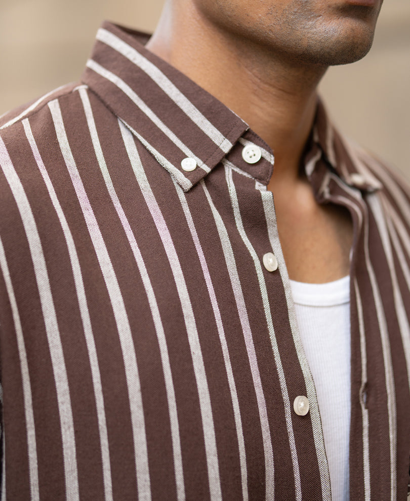 Brown Linen Blend Stripe Shirt