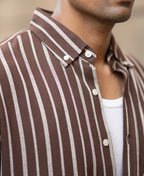 Brown Linen Blend Stripe Shirt