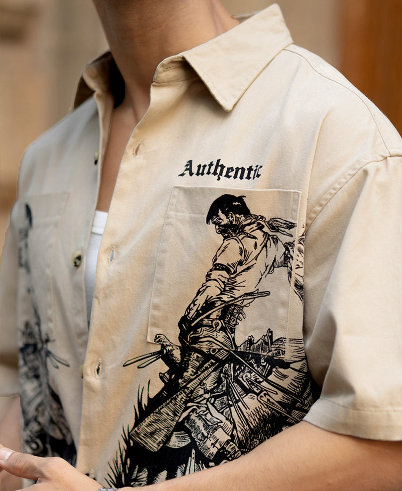 Beige Cowboy Print Boxy Shirt 100% Cotton