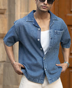 Dark Blue Washed Boxy Denim Shirt