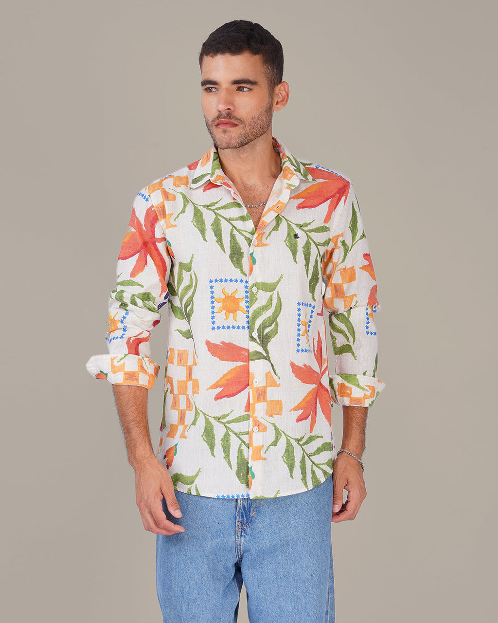Natural Slub Floral Print Poly-Linen Blend Shirt