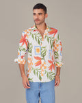 Natural Slub Floral Print Poly-Linen Blend Shirt