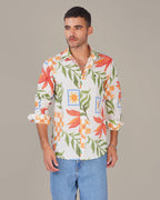 Natural Slub Floral Print Poly-Linen Blend Shirt