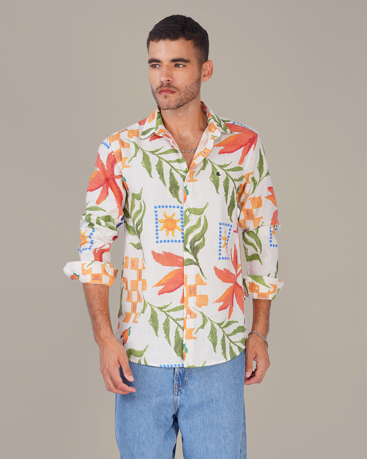 Natural Slub Floral Print Poly-Linen Blend Shirt