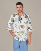 White Floral Print Soft Finish Slub Shirt